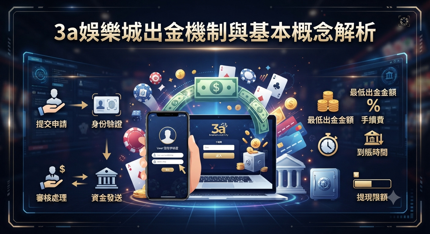 這是一張關於「3a娛樂城出金機制與基本概念解析」的資訊圖表。 畫面結合了線上娛樂城的數位介面、金流圖解以及提領流程圖示。